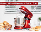 Kitchen in the box Stand Mixer - 8.5 Quart Mixing Bowl with Handle, 900 Watt Heavy Bread Dough Standing Mixers Tilt-head with Dough Hook, Whisk, Flat Beater and Splash Guard (Red)