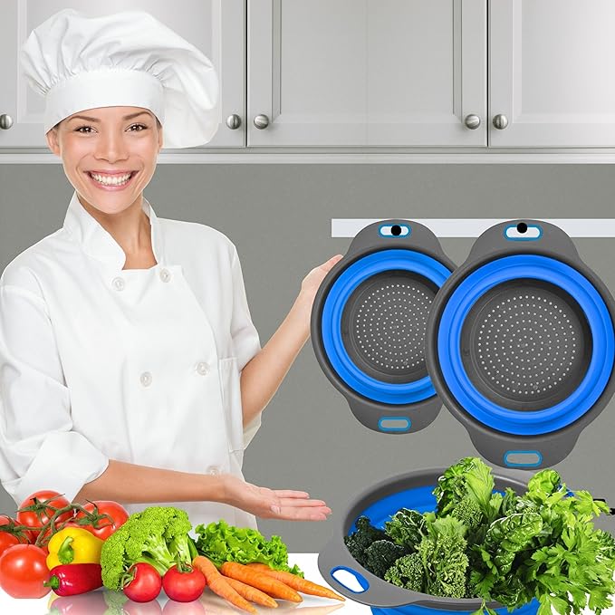 Blue Kitchen Strainer Colander Set - 2 PCS Collapsible Strainer Colander with Plastic Handles Silicone Food Grade Tools for Kitchen for Pasta and Spaghetti Multifunctional