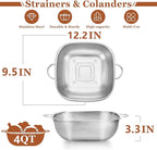 E-far 4QT Square Stainless Steel Colander - Metal Strainer with Handle for Draining Pasta & Vegetables, Micro-Perforated & Elevated Feet, Dishwasher Safe