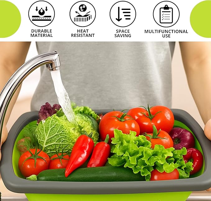 3PCS Green Foldable Kitchen Strainer Set – Silicone Colander Collapsible Strainers and Colanders Green Collander for Kitchen Collapsible Compact Drain Tools for Cooking Prep