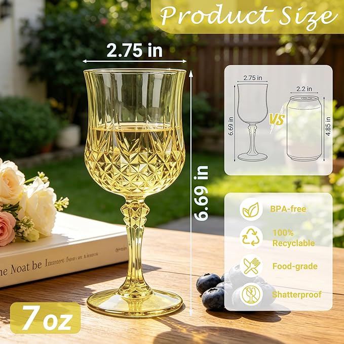 Plastic Wine Glasses, Plastic Goblets Vintage Style Cordial Unbreakable Drinking Glasses, Reusable Drinkware for Wedding Reception, Grand Event Party Supplies (48, Gold)