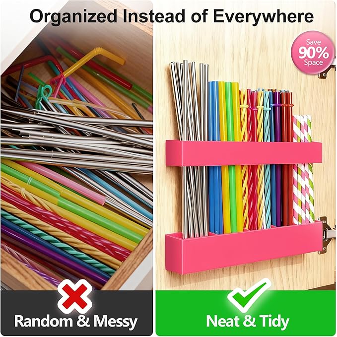 9.5” Large Acrylic Straw Holder for Cabinet Door, Reusable Adjustable Two-Part Straws Organizer with Ultra Sticky Adhesive Strips, 2026 Straw Storage for Kitchen Cupboard (Hot Pink)