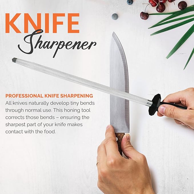 Utopia Kitchen Knife Sharpener Rod 12 Inch, Professional Honing Rod for Knife Sharpening with Hanging Hook, Black (Pack of 2)