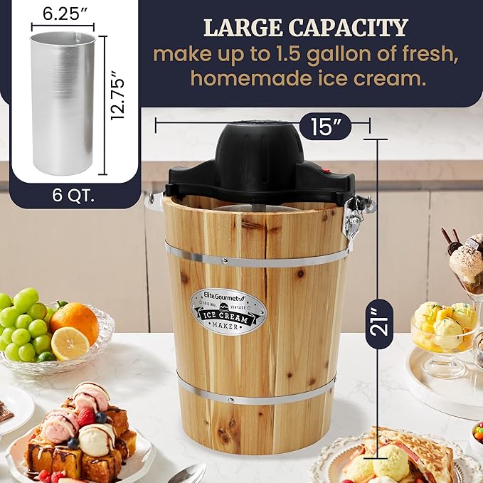 Elite Gourmet EIM916X Old Fashioned 6 Quart Vintage Wood Bucket Electric Ice Cream Maker Machine Appalachian, Bonus Classic Die-Cast Hand Crank for Churning, Uses Ice and Rock Salt