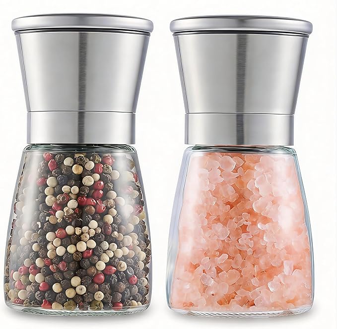 Gorgeous Salt & Pepper Grinder Set — Refillable Stainless Steel & Glass Spice Mill with Adjustable Coarseness — Perfect For Himalayan Or Sea Salts, Fresh Ground Pepper, Or Fresh Spices (2 Pack)