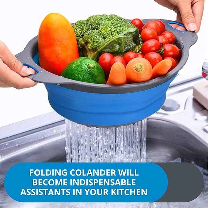 Blue Kitchen Strainer Colander Set - 2 PCS Collapsible Strainer Colander with Plastic Handles Silicone Food Grade Tools for Kitchen for Pasta and Spaghetti Multifunctional