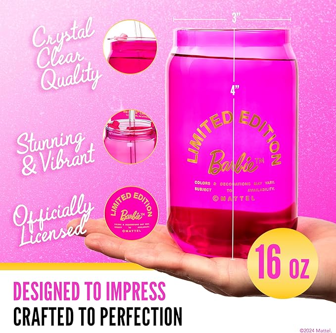 Dragon Glassware x Barbie Drinking Glasses - Pink and Magenta - 16 oz Can Shaped Glass Cups with Lids and Straws Set of 2 - Iced Coffee Cups with Lids - Glass Tumbler with Straw and Lid