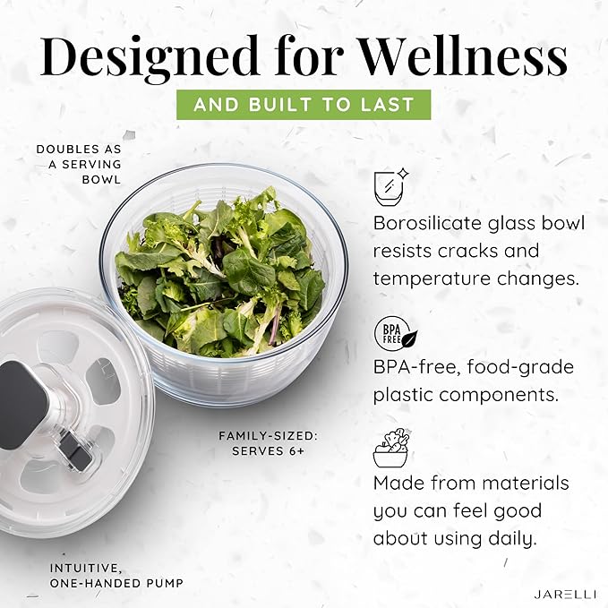 Glass Salad Spinner Large Capacity 6.3QT with Storage Lid | Boroscilicate Glass Bowl and BPA-Free and Food-Safe Colander, Base, Spinner Lid and Storage Lid | Washing, Spinning, and Draining