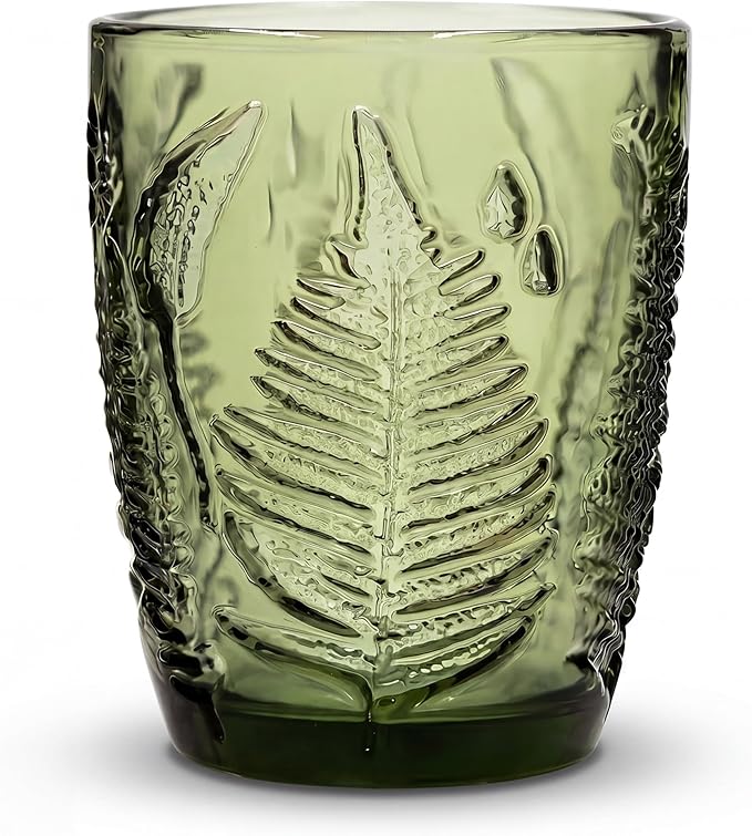 Vintage Green Drinking Glass, 10 oz Hand-Pressed Deep Textured Glass Cup, Fern Embossed Retro Glassware, Decorative Tumbler for Water, Cocktails & Juice, Boho Colored Kitchen Drinkware, Unique Gift