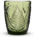 Vintage Green Drinking Glass, 10 oz Hand-Pressed Deep Textured Glass Cup, Fern Embossed Retro Glassware, Decorative Tumbler for Water, Cocktails & Juice, Boho Colored Kitchen Drinkware, Unique Gift