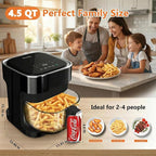 Glass Air Fryer 4.5 Qt, Non-Toxic Borosilicate Glass Basket with 360° View, Upgraded Food-Grade Stainless Steel Tray, 8-in-1 One-Touch Presets, Teflon-Free & Dishwasher Safe, Black