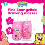 Dragon Glassware x SpongeBob SquarePants 16 oz Drinking Glasses Set of 2 - Glass Cups with Lids and Straws - Iced Coffee Cups with Lids - Reusable Glass Tumbler with Straw and Lid - SpongeBob - Pink