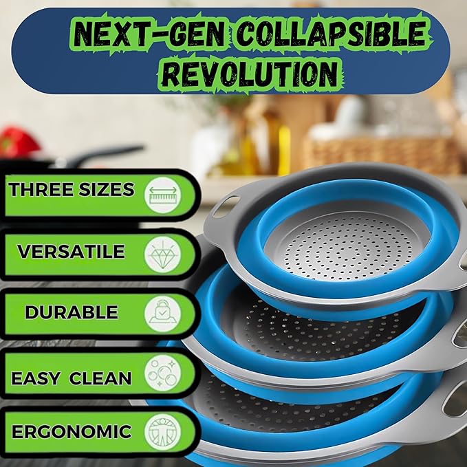 Collapsible Colander 3-Pack Set, Collapsible Strainers for Kitchen, Foldable Space-Saving Colander Strainer Set, Pasta Strainer for Vegetables & Fruits, Durable Non-Slip Strainers and Colanders (Blue)