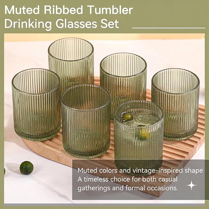 Physkoa Mint Green Ribbed Drinking Glasses Set of 6 – 9oz Vintage Green Glassware, Embossed Ribbed Tumbler Cups for Juice, Water, Cocktail, Iced Coffee