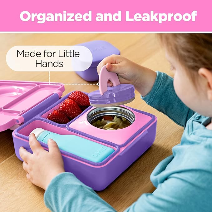 OmieBox Bento Box for Kids - Insulated Bento Lunch Box with Leak Proof Vacuum Insulated Food Jar - 3 Compartments, Two Temperature Zones (Unicorn Pink)