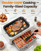 XHJ 4-in-1 Electric Indoor Grill Smokeless for Home,Countertop Electric Grill with Removable Sizzling Grill Pan & Grate + Auto Rotating Kabob Skewers + Electric Hot Dog Roller Dual Zone Cook with Lid
