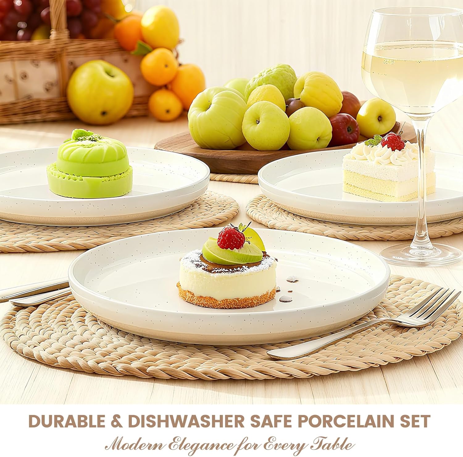 Umite Chef 12 Piece Ceramic Dinnerware Set for 4 – Cream White Plates & Bowls