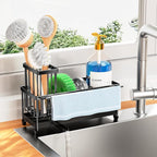 Cisily Sponge Holder for Kitchen Sink, Sink Caddy Organizer with High Brush Holder, Kitchen Countertop Organizers and Storage Essentials, Rustproof 304 Stainless Steel (Black with Towel Rack, 9.25″)