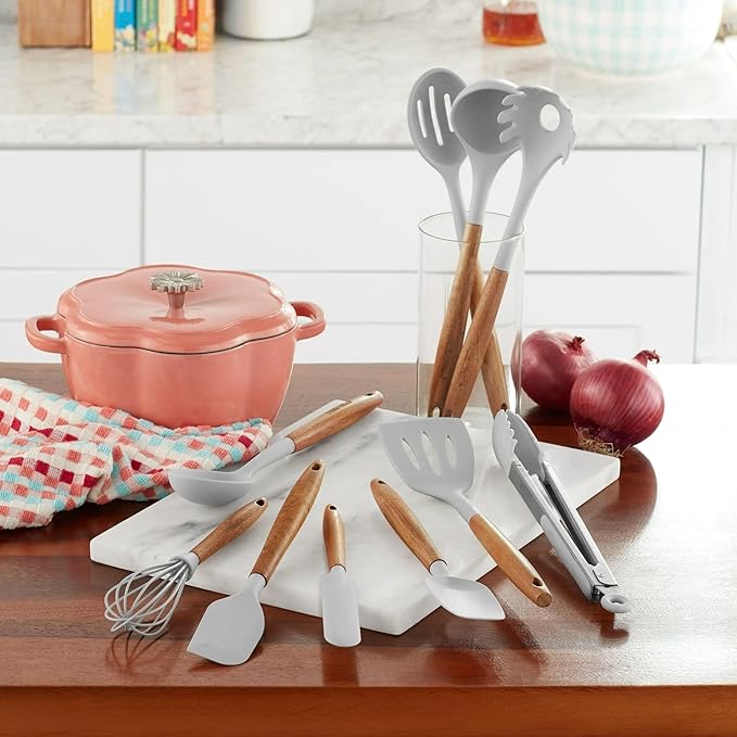 10-Piece Silicone Kitchen Utensils Set with Acacia Wood Handles, Nonstick Safe, Heat Resistant Cooking Tools for Everyday Use (Gray)