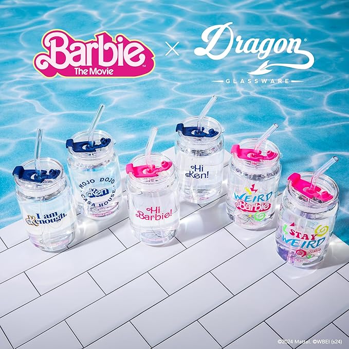 Dragon Glassware x Barbie The Movie - 16 oz Glass Cups with Lids and Straws, Set of 2 - Iced Coffee Cups with Lids - Versatile Glass Tumbler with Straw and Lid for Hot or Cold Drinks - Weird Barbie
