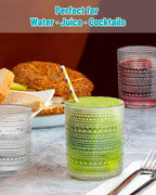 Vintage Dot-Pattern Drinking Glasses Set of 6 – 14.5 oz Clear Short Glass Cups – Embossed Textured Glassware with Anti-Slip Grip, Water Juice Soda Cocktail Tumblers – Thick Glass, Dishwasher Safe