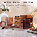 Physkoa 6-Piece Brown Ribbed Glassware Set –Vintage Drinking Glasses in Ochre, Umber & Espresso –8.5oz Tumbler Cups for Water, Juice, Iced Coffee, Whiskey, Cocktail –Aesthetic Colored Glasses