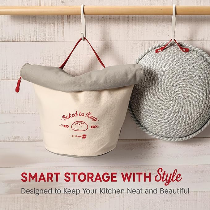 KNEADACE Reusable Bread Bags for Homemade Bread -Stylish Sourdough Bread Storage with Roll-Top Design, 100% Cotton & Food-Safe Lining, Freezer & Refrigerator Friendly, Gift for Bakers (Gray/Cream)