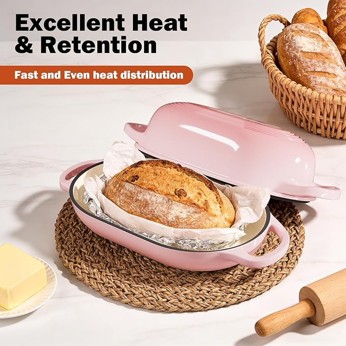 Enameled Cast Iron Sourdough Bread Oven, Dutch Oven for Bread Baking, - incl. Sourdough Bread-Baking Supplies like Banneton Bread-Proofing Basket - 5QT Loaf Cast Iron Bread Pan-Making Kit Pan, Pot, Sour Sough Tools, Lame (Pink)