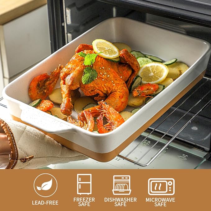 Ceramic Baking Casserole Dish with Handles, Large 9x13 inch Pan and Middle Baking Pan - Porcelain Serving Bakeware Set (Farmhouse White)
