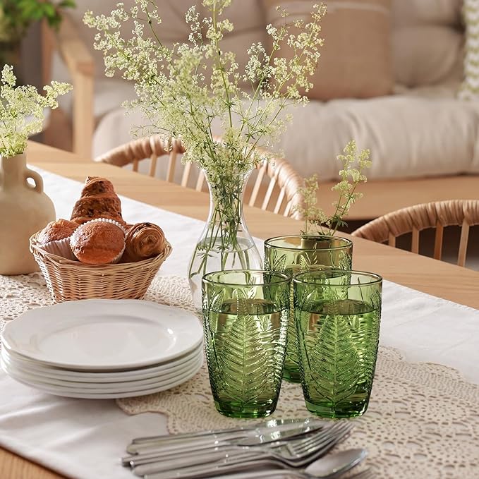 Reallnaive Green Drinking Glasses Set of 8, Boho Aesthetic Vintage Glassware Fern Paisley Carving Textured Tumbler Water Cups Embossed Pattern Drinkware Cocktail Set for Xmas Gifts (14 oz,Highball)