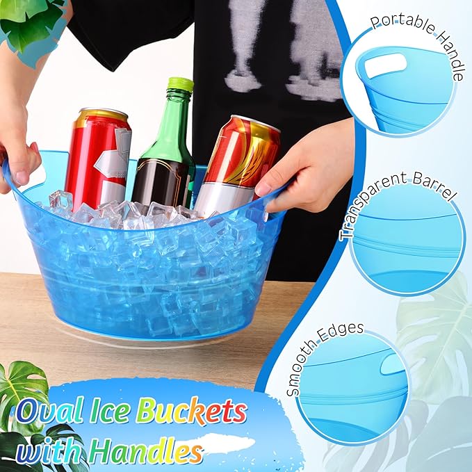 meekoo 6 Pcs Plastic Ice Buckets Bulk with Handles 4.5L Oval Storage Tub Large Capacity Ice Drink Bucket for Party Bar Wine Beer Champagne Beverage Bottle Cooler (4.5 L,Blue)