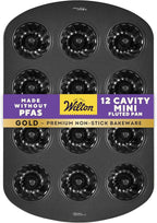 Wilton Gold Non-Stick Bakeware Mini Fluted Pan - Baking Pan for Mini Bundt Cakes, Donuts & More - Made Without PFAS & Scratch Resistant - Offers Even Heat Distribution - 16.5 x 11 Inch, 12-Cavity