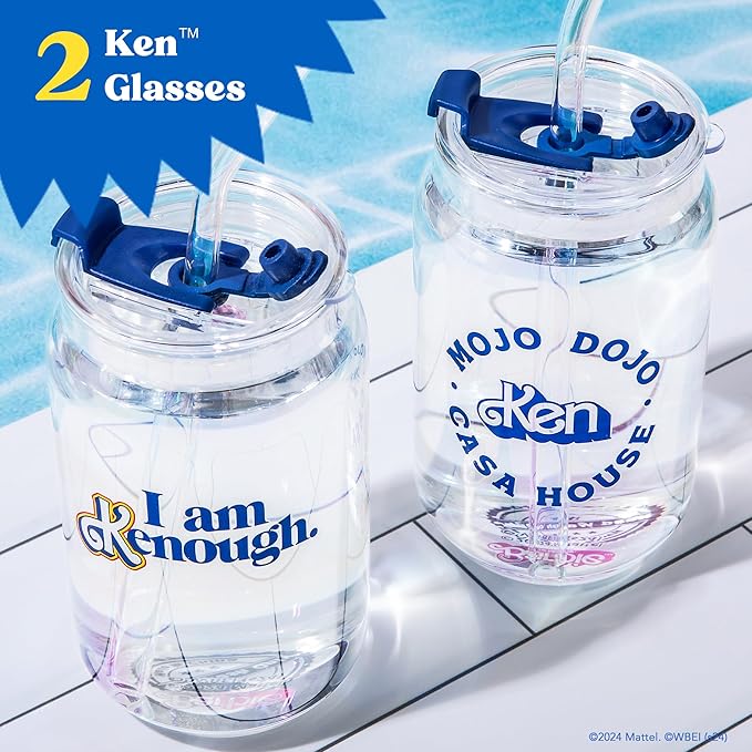 Dragon Glassware x Barbie The Movie - 16 oz Glass Cups with Lids and Straws, Set of 2 - Iced Coffee Cups with Lids - Versatile Glass Tumbler with Straw and Lid - I'm Just Ken