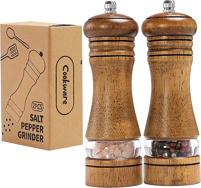 Wooden Salt and Pepper Grinder Set, Premium Oak Wood Salt Grinders Shakers, Pepper Mill with Acrylic Clear Window, Adjustable Ceramic Grinder - 6 inches, 2 Pack