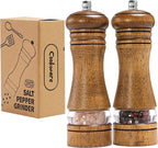 Wooden Salt and Pepper Grinder Set, Premium Oak Wood Salt Grinders Shakers, Pepper Mill with Acrylic Clear Window, Adjustable Ceramic Grinder - 6 inches, 2 Pack