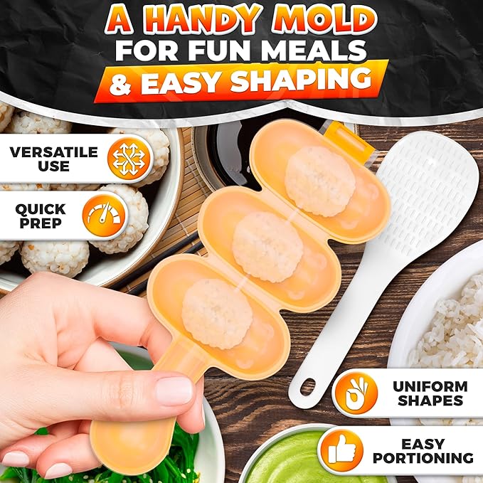 Rice Ball Mold Set – 2 Pack Easy Rice Ball Maker Mold, Sushi & Onigiri Maker with Paddle Spoon for Temari Sushi, Yaki-Onigiri, Omusubi – Three-Ball Molds for Bento, Snacks & Creative Meal Presentation