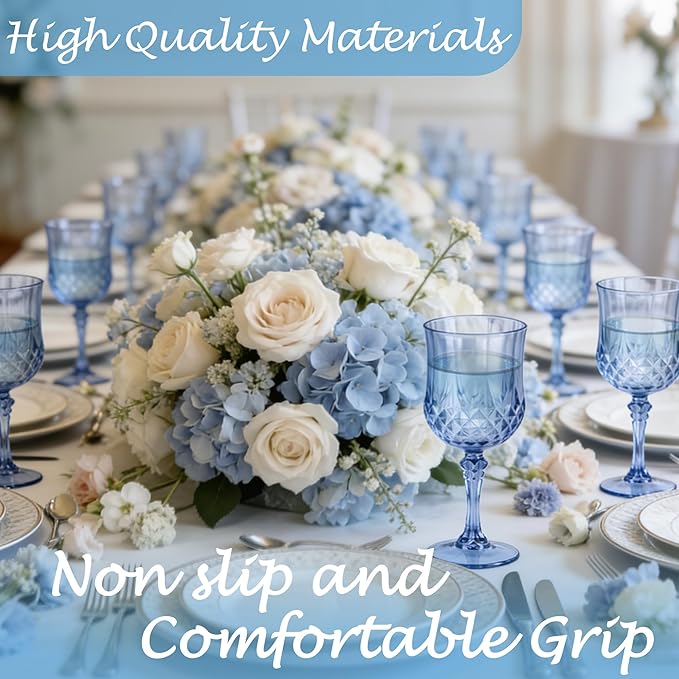 Plastic Wine Glasses, Plastic Goblets Vintage Style Cordial Unbreakable Drinking Glasses， Reusable Drinkware for Wedding Reception, Grand Event Party Supplies(24, Blue)