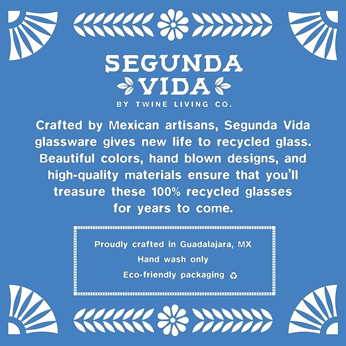 Twine Segunda Vida Artistico 100% Recycled Glassware Tumblers, Hand Blown Cocktail Glasses for Dinner Party, Icon Glasses Gifts, Stemless Margarita Mexican Glassware, Set of 2, 13 oz, Multicolor