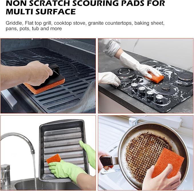 Griddle Cleaning Pads for Blackstone Flat Top, Non-Scratch Grill Scrub Pads, Bathroom Scrubbing Pads, Pool Scrub Brush, Shower Tile (22 Pads + Handle)