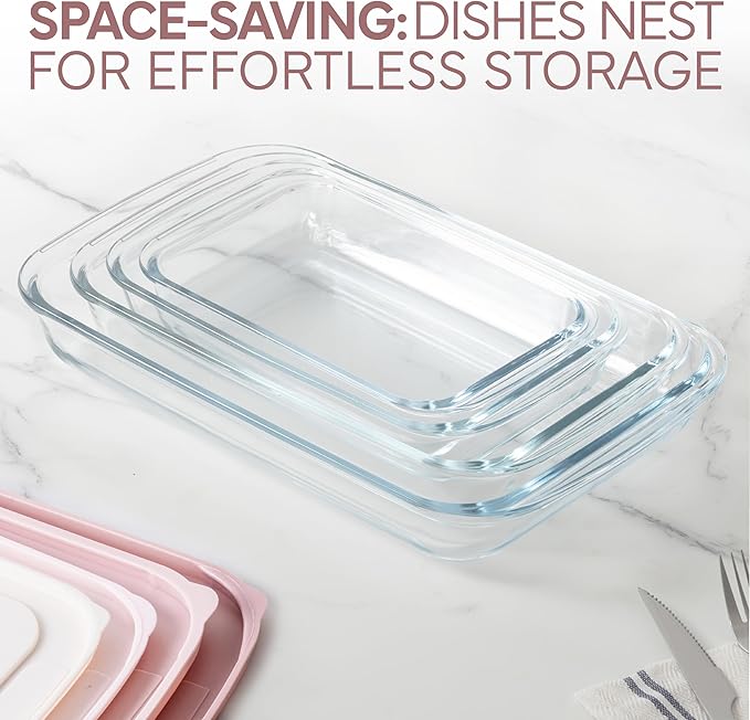 COOK WITH COLOR 8 PC. Glass Baking Dish Set with Lids - Deep Casserole Dish, Glass Food Container, Oven, Freezer and Microwave Safe, Clear Container, Pink