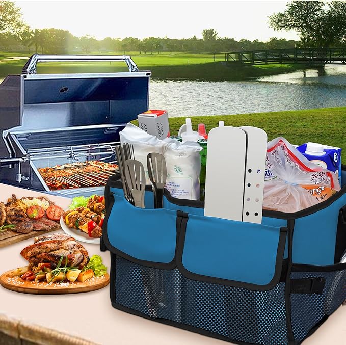Large Grill Caddy with Paper Towel Holder - BBQ Caddy Organizer for Utensil, Condiment - Easy Carry Picnic Bag - Griddle Bag for Camping, Travel, RV - 600D Waterproof Oxford Fabric, Blue