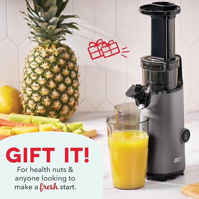 DASH Deluxe Compact Masticating Slow Juicer, Easy to Clean Cold Press Juicer with Brush, Pulp Measuring Cup, Frozen Attachment and Juice Recipe Guide - Graphite