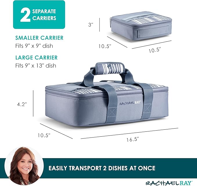 Rachael Ray Lugger Duo, Insulated Casserole Carrier for Hot or Cold Food, Thermal Lasanga Lugger Tote for Potluck, Parties, Picnic, and Cookouts, Fits 9" x 13" Baking Dish, Slate Stripe