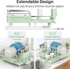 SNTD Dish Drying Rack, Expandable Dish Rack for Kitchen Counter, Stainless Steel Dish Drainer with Drainboard Set and Utensil Holder (Green)