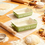 Domini Casserole Dishes for Oven, Ceramic Baking Dishes for Oven Set of 2, Lasagna Pan Deep, Baking Pan Set Square Casserole Dish Set with Handles for Baking, Pattern Green(11.4+8.5inch)