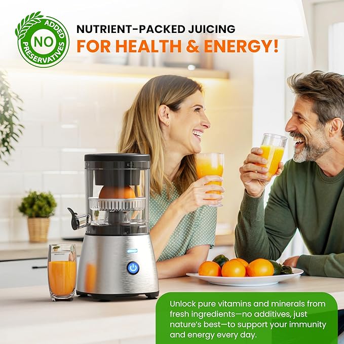 Eurolux Electric Citrus Juicer Stainless Steel | Premium Hands-Free One-Touch Orange Juice Squeezer for Oranges, Lemons, and Limes | Quiet Operation, Easy to Clean, Countertop Small Kitchen Appliance