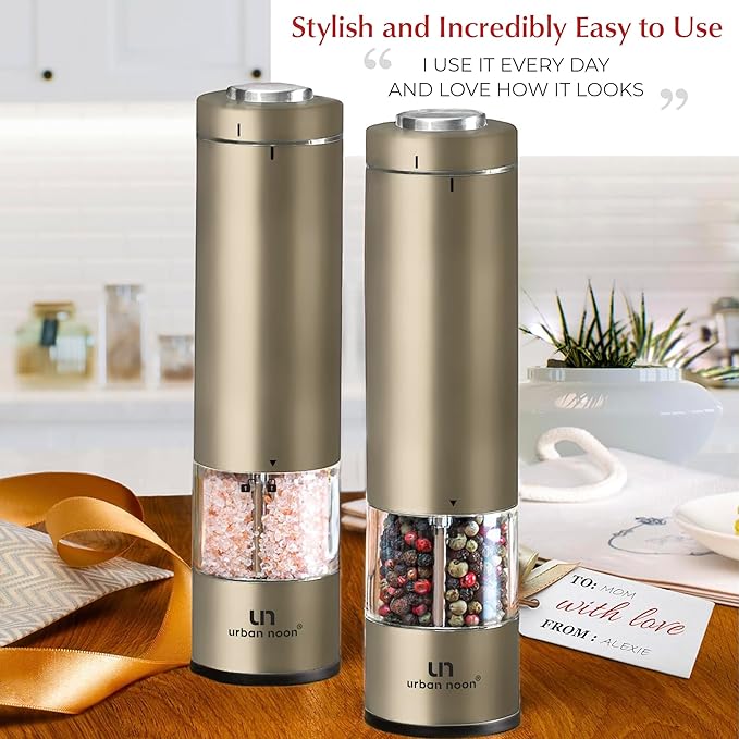 Electric Salt and Pepper Grinder Set - Battery Operated Stainless Steel Mill with Light (2 Mills) - Automatic One Handed Operation - Electronic Adjustable Shakers - Ceramic Grinders Champagne