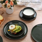 E-far Stoneware Dinnerware Sets for 8, 24 Pieces Reactive Glaze Plates and Bowls Sets, Elegant Dishes with Rustic Terracotta Clay Base, Dishwasher & Microwave Safe, Scratch Resistant, Blackish Green