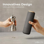 LIBKEN Non-Spill Salt and Pepper Grinder Set - Adjustable Ceramic Grinder - Minimalistic Spice Mill - Easy to Refill Condiments Dispenser - Wood & Soft-Coated Plastic - 6.2 x 2.2 inch (White & Grey)
