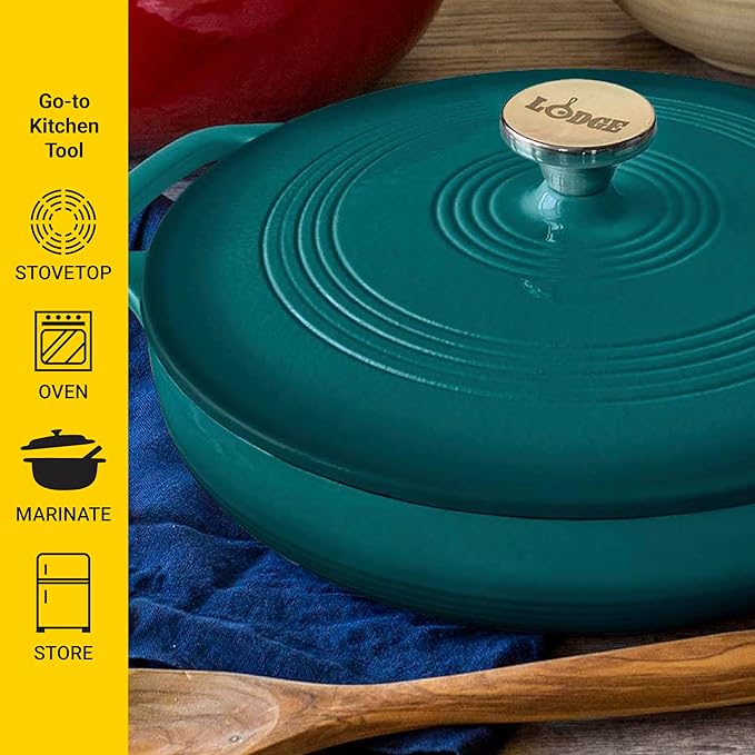 Lodge Essential Enamel Braiser - Refrigerator- & Oven-Safe up to 500° F - Heat-Retaining, Induction-Safe & PFAS-Free Enamel Cookware - 3.5 Quart, Lagoon
